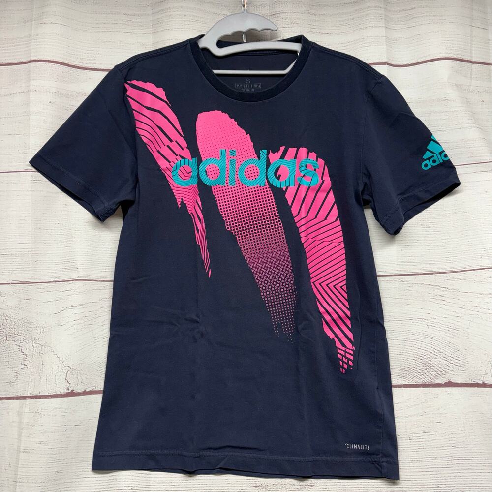 Adidas Climalite Graphic Training Tee Size S Navy Blue Pink Teal DJ1721